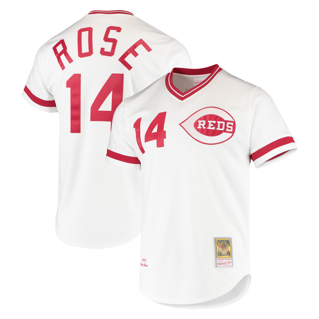Pouc C.Reds #14 Pete Rose Player Mitchell & Ness White Throwback Cooperstown Mesh T-shirt Game Stitched Jerseys