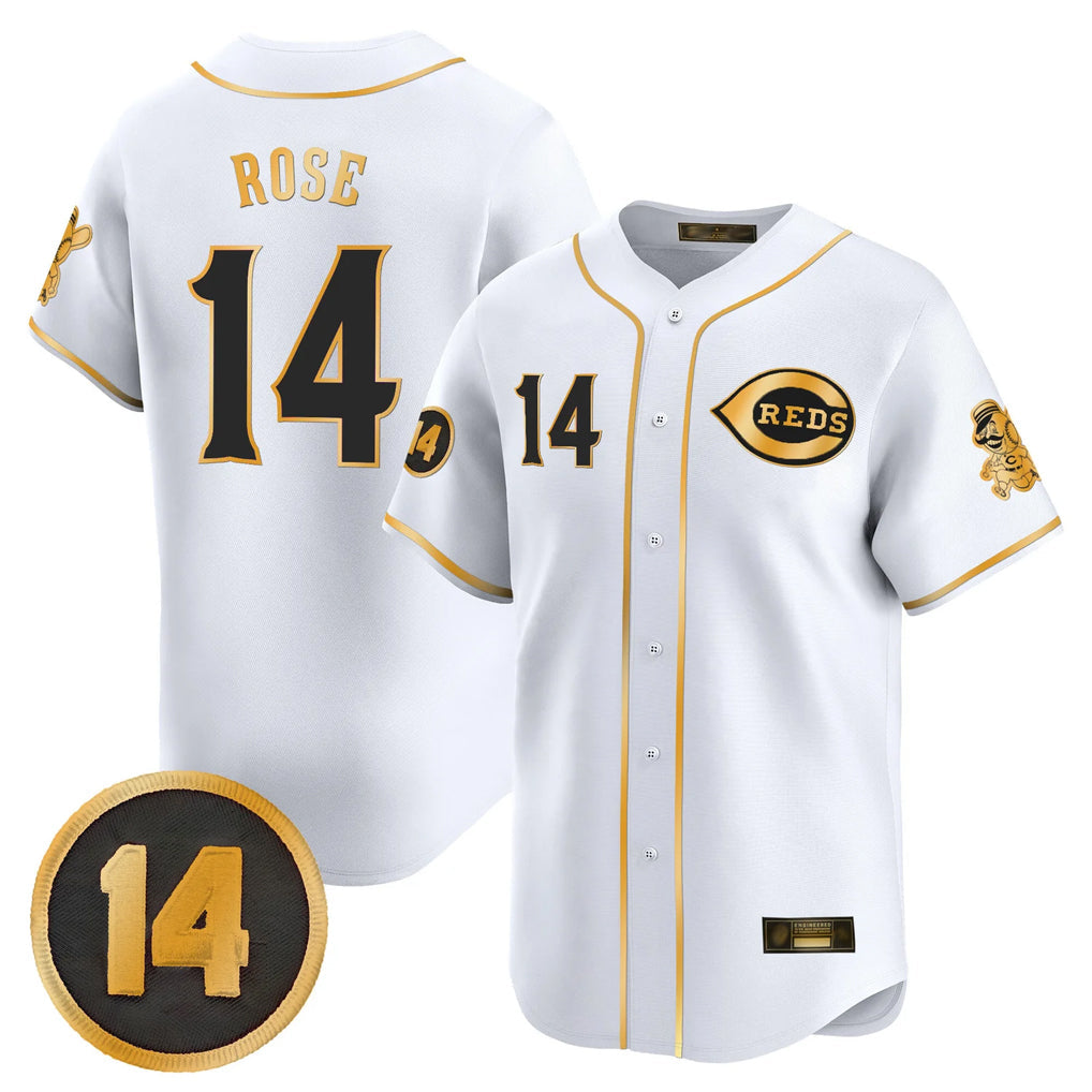 Pouc C.Reds #14 Pete Rose Player White-Gold Vapor Premier Limited Home Stitched Jerseys