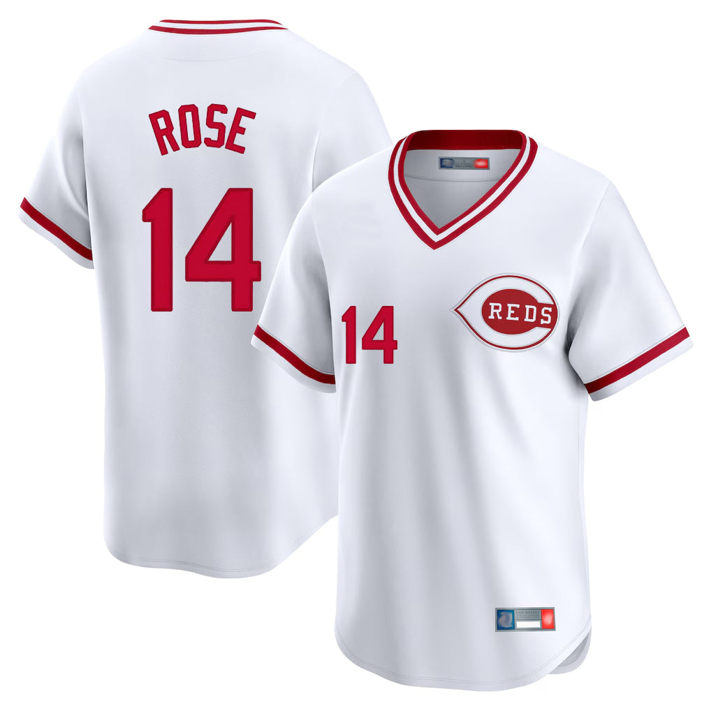 Pouc C.Reds #14 Pete Rose Player White Cooperstown Collection Limited T-shirt Home Stitched Jerseys