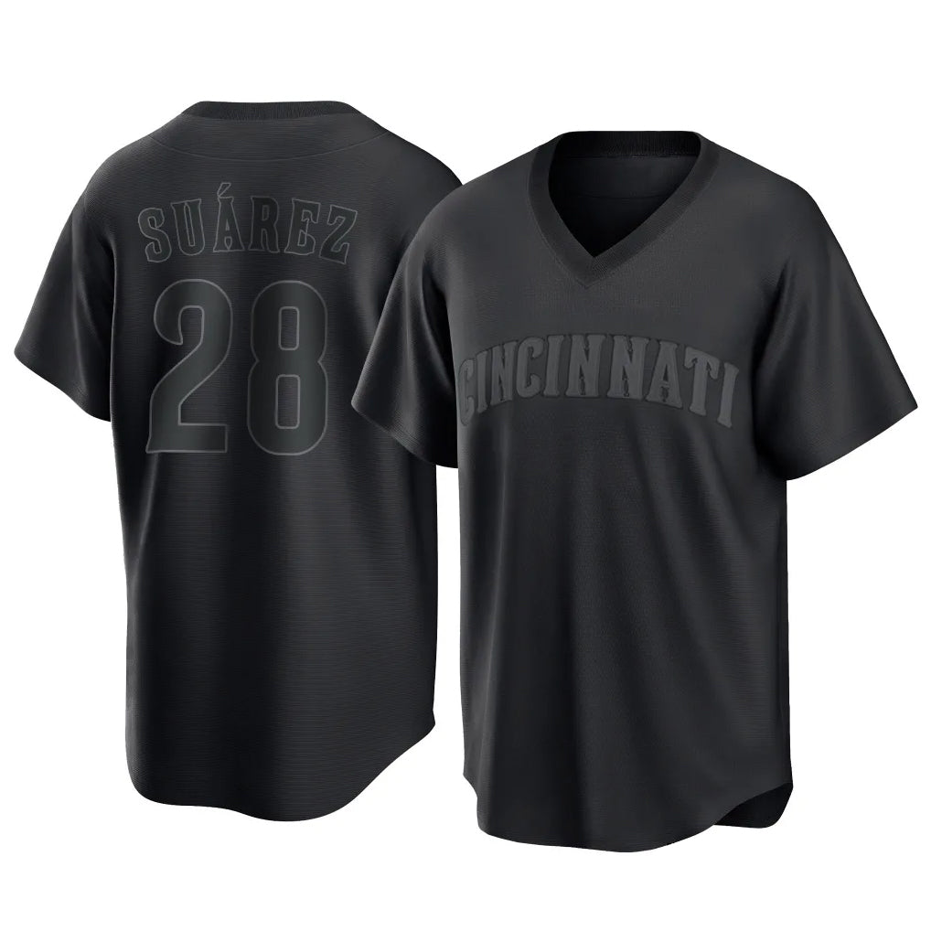 Pouc C.Reds #28 Eugenio Su¡§¡érez Player Black T-shirt Game Home Stitched Jerseys