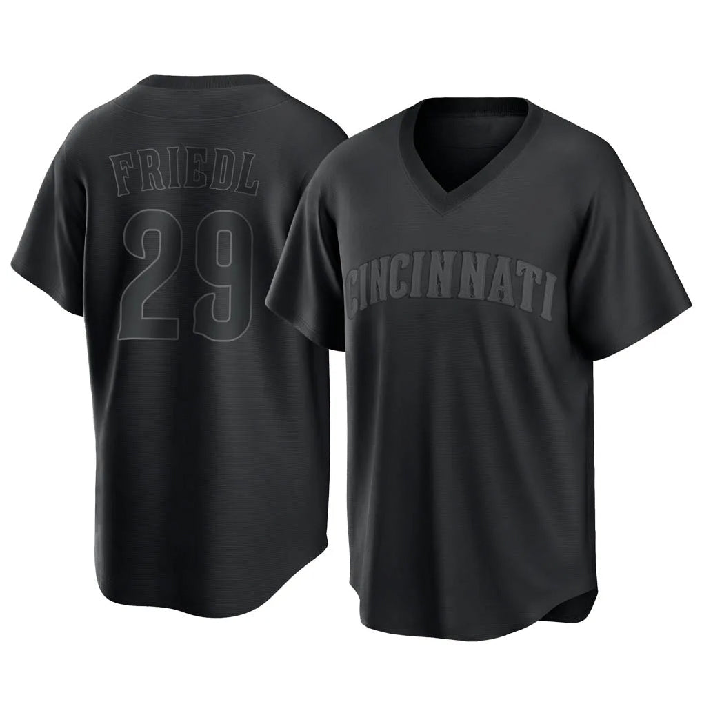 Pouc C.Reds #29 TJ Friedl Player Black T-shirt Game Home Stitched Jerseys