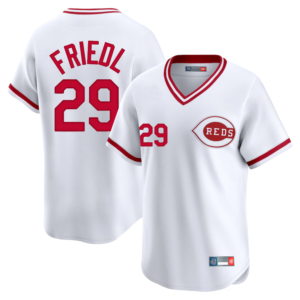 Pouc C.Reds #29 TJ Friedl Player White Cooperstown Collection Limited T-shirt Home Stitched Jerseys