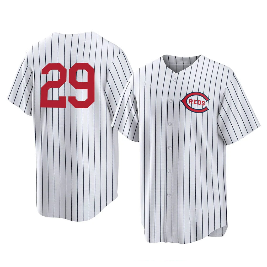 Pouc C.Reds #29 TJ Friedl Player White Stripe Field of Dreams Game Home Stitched Jerseys