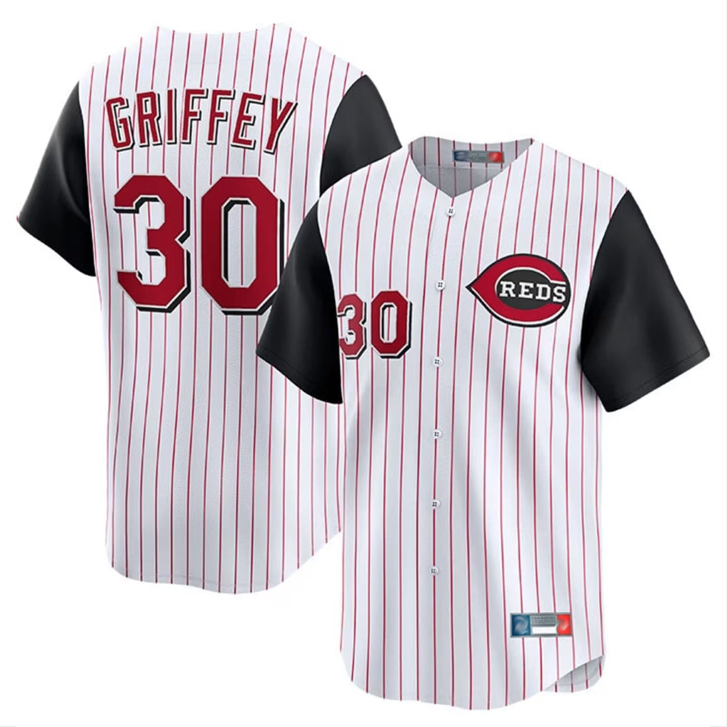 Pouc C.Reds #30 Ken Griffey Player White Black Stripe Field of Dreams Game Home Stitched Jerseys
