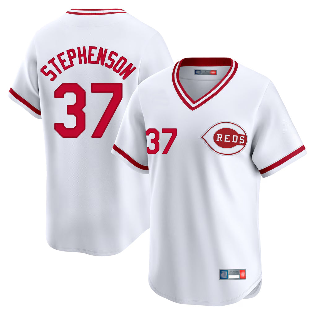 Pouc C.Reds #37 Tyler Stephenson Player White Cooperstown Collection Limited T-shirt Home Stitched Jerseys