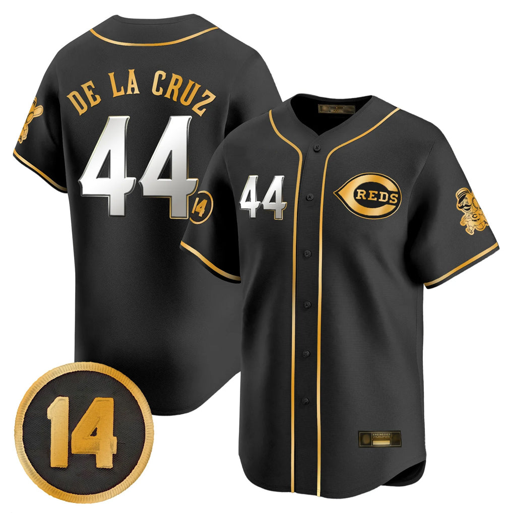 Pouc C.Reds #44 Elly De La Cruz Player Black-Gold Vapor Premier Limited Home Stitched Jerseys