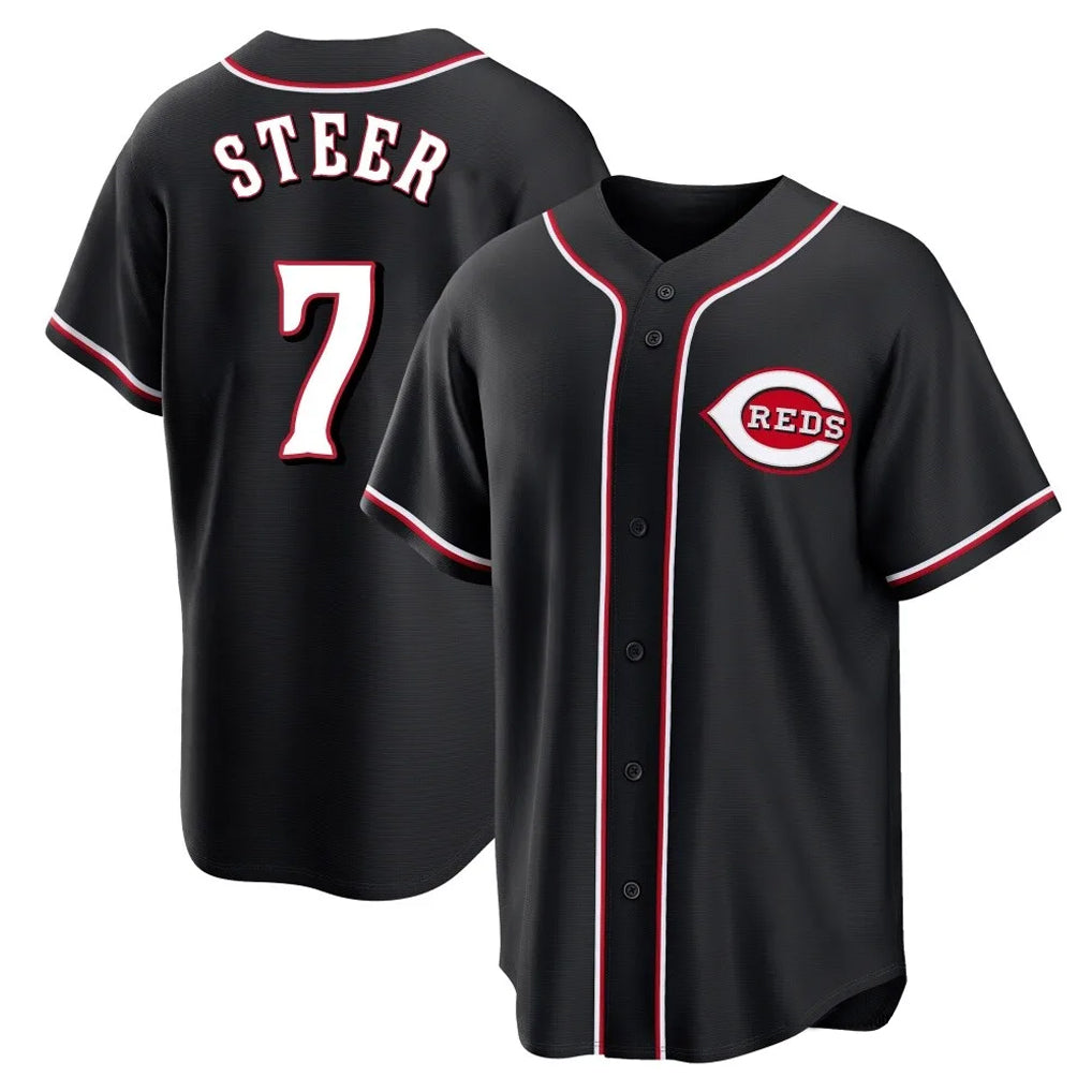 Pouc C.Reds #7 Spencer Steer Player Black Fashion Out Home Game Stitched Jerseys