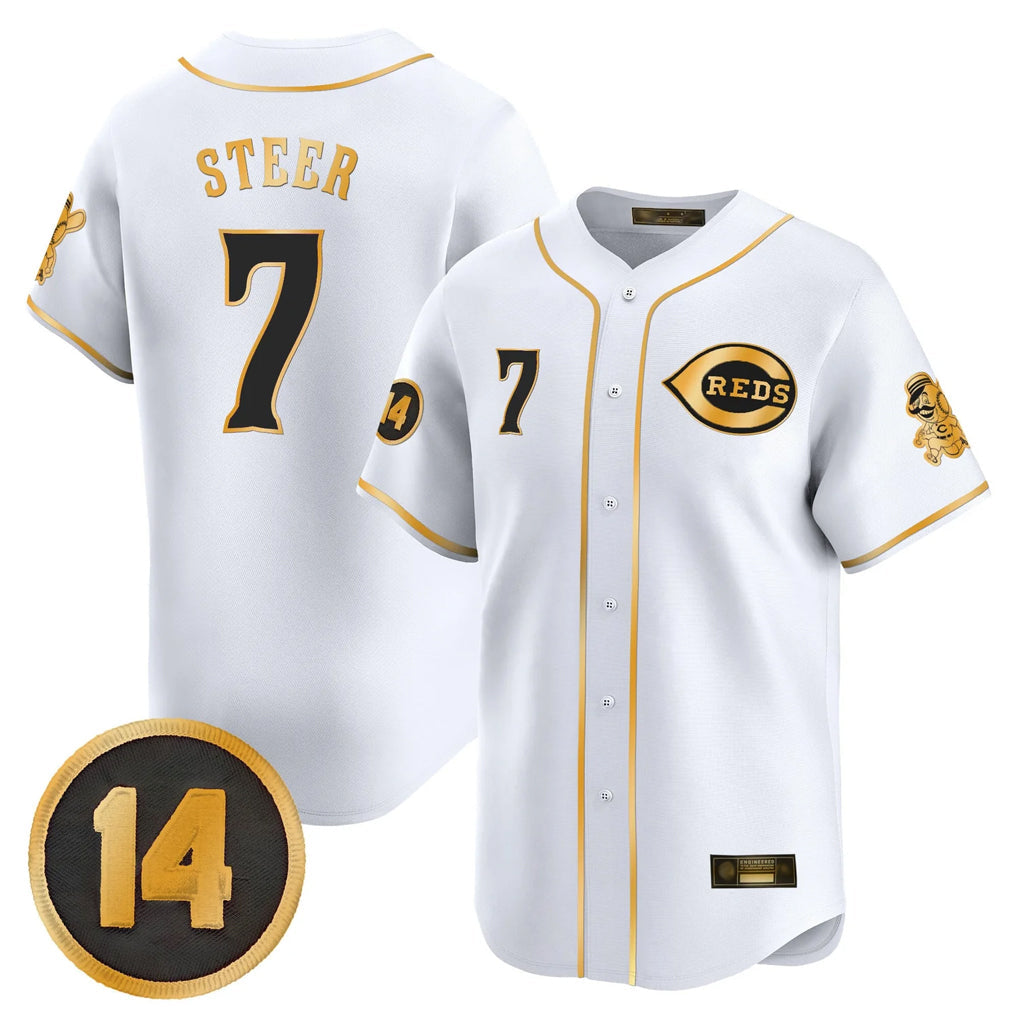 Pouc C.Reds #7 Spencer Steer Player White-Gold Vapor Premier Limited Home Stitched Jerseys