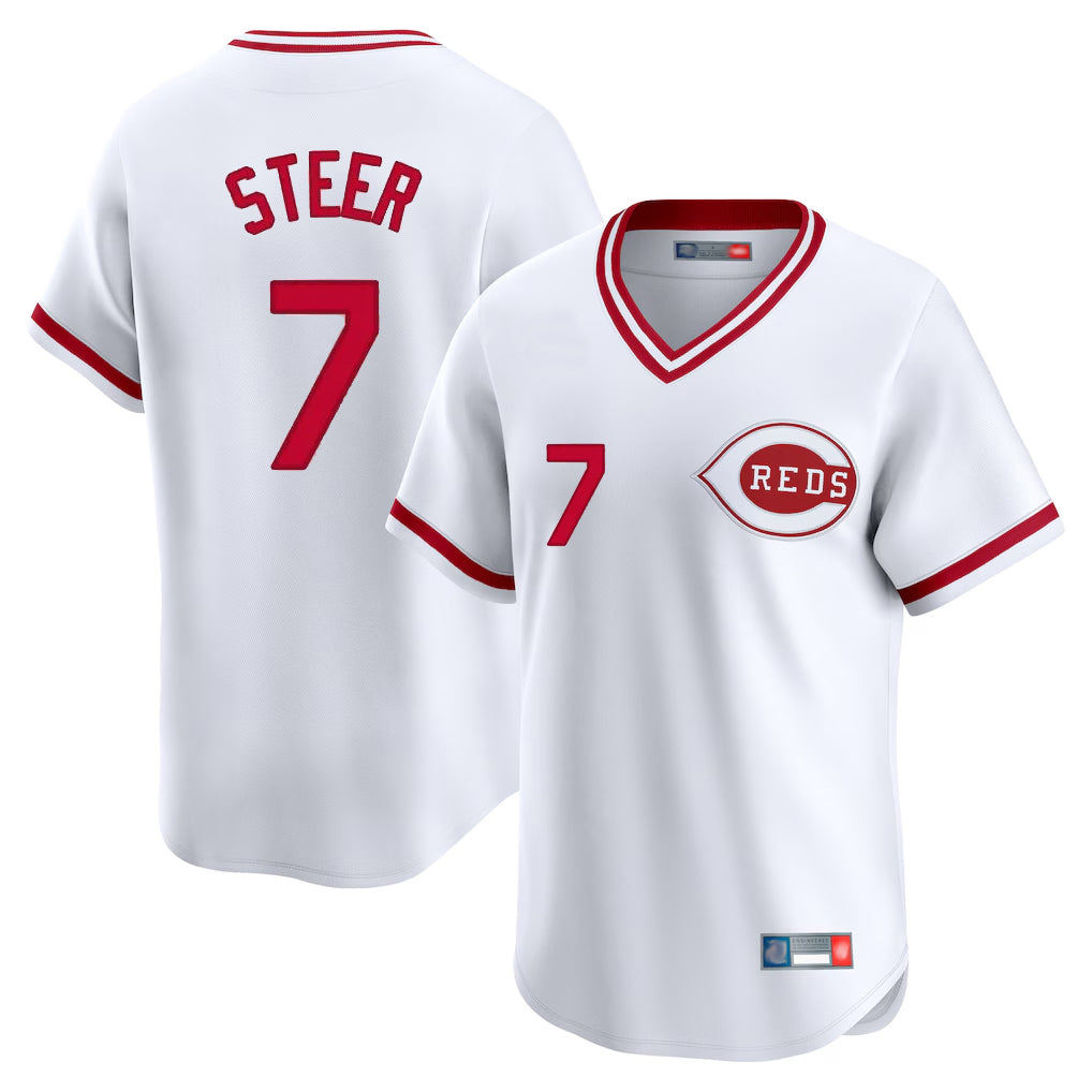 Pouc C.Reds #7 Spencer Steer Player White Cooperstown Collection Limited T-shirt Home Stitched Jerseys