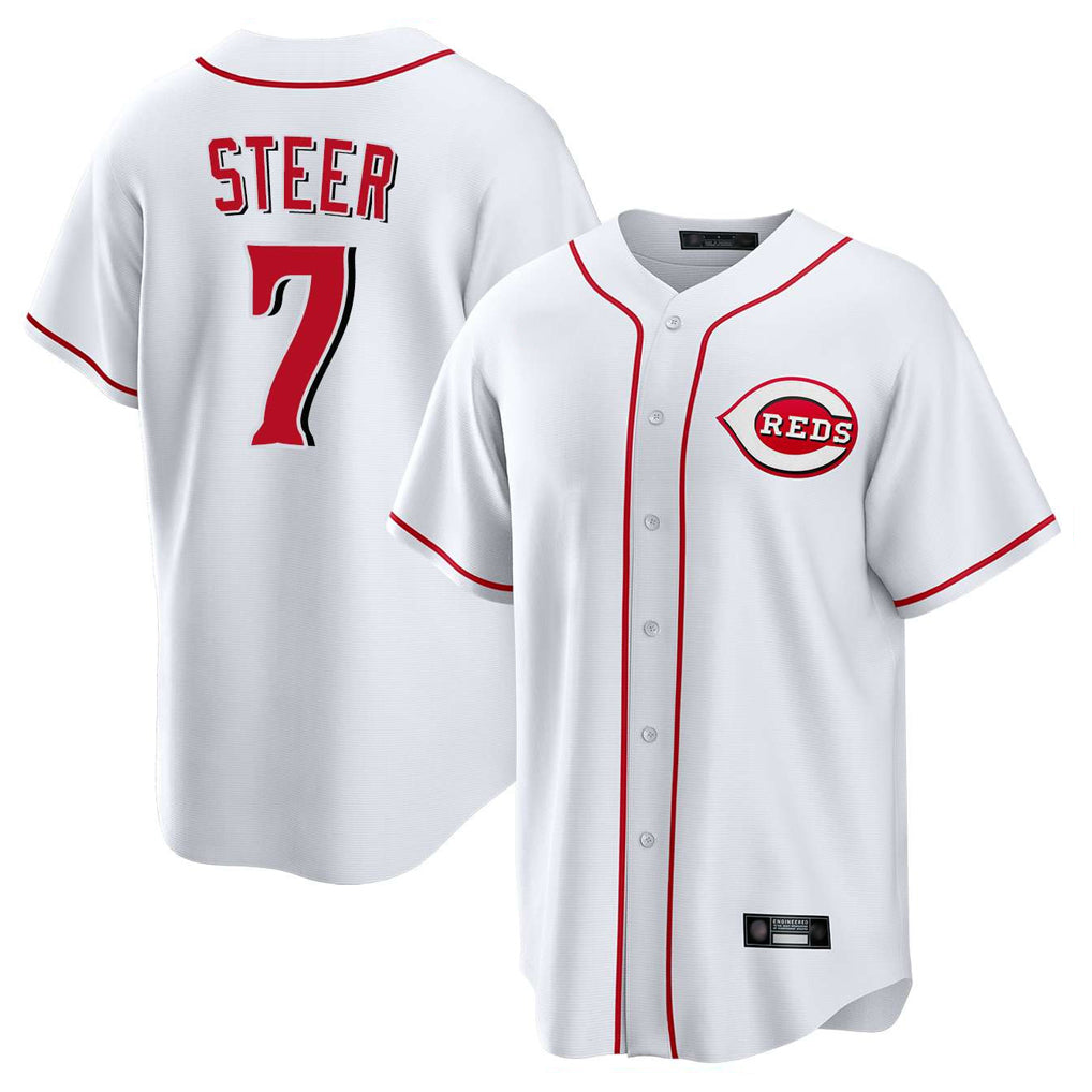 Pouc C.Reds #7 Spencer Steer Player White Game Home Stitched Jerseys