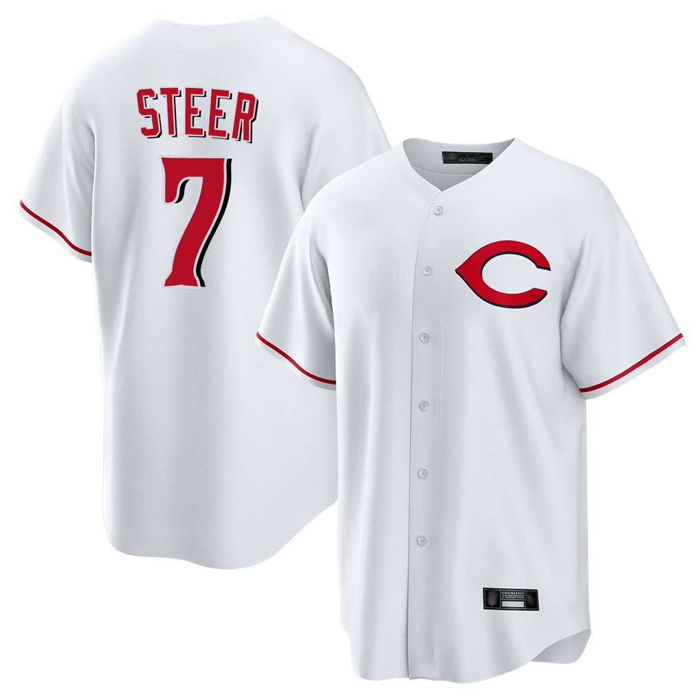 Pouc C.Reds #7 Spencer Steer Player White Home Game Stitched Jerseys
