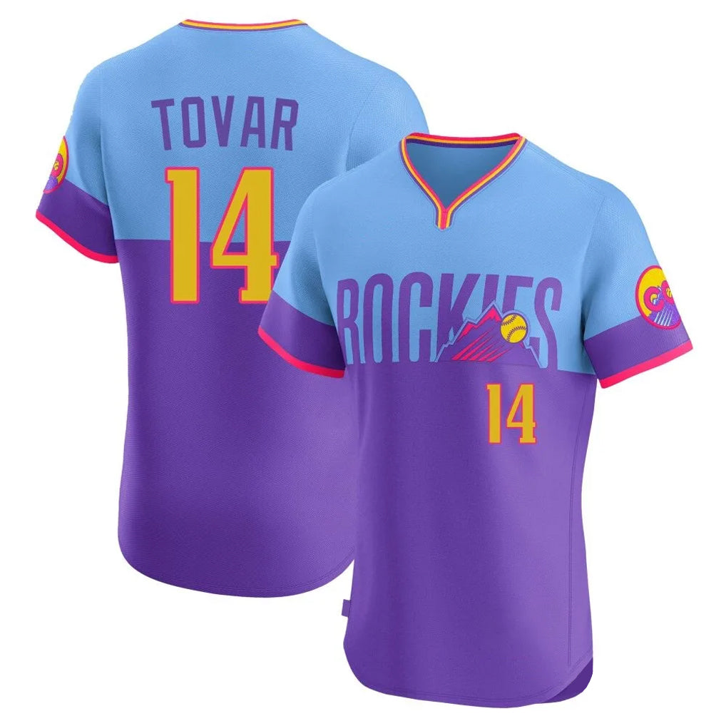 Pouc C.Rockies #14 Ezequiel Tovar Player Purple-Light Blue City Connect Limited Elite Home T-shirt Stitched Jerseys