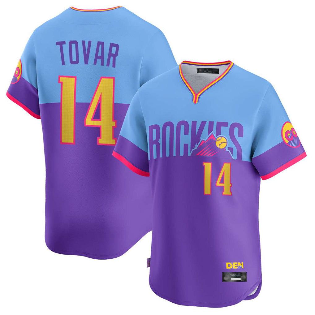 Pouc C.Rockies #14 Ezequiel Tovar Player Purple-Light Blue City Connect Limited Home T-shirt Stitched Jerseys