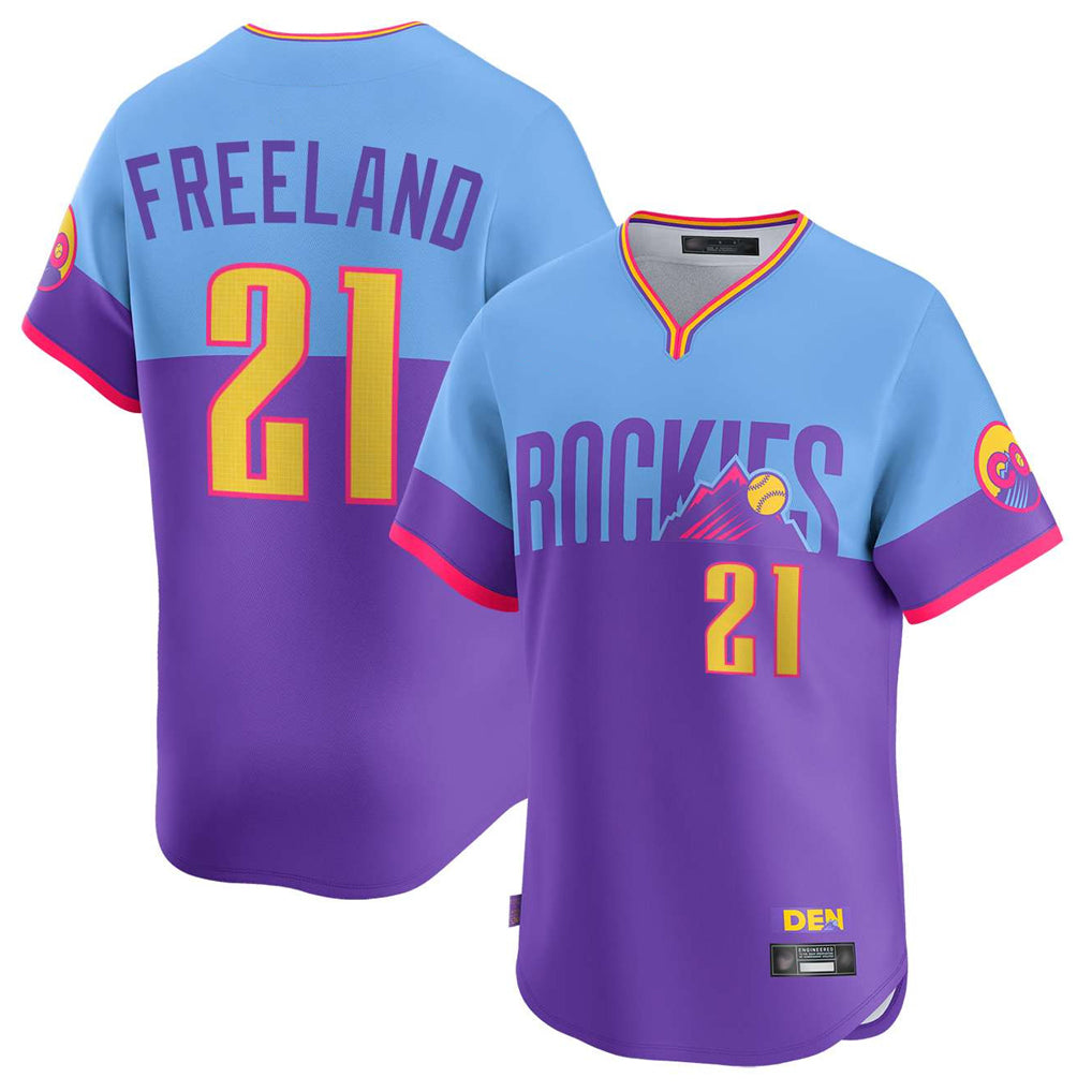 Pouc C.Rockies #21 Kyle Freeland Player Purple-Light Blue City Connect Limited Home T-shirt Stitched Jerseys