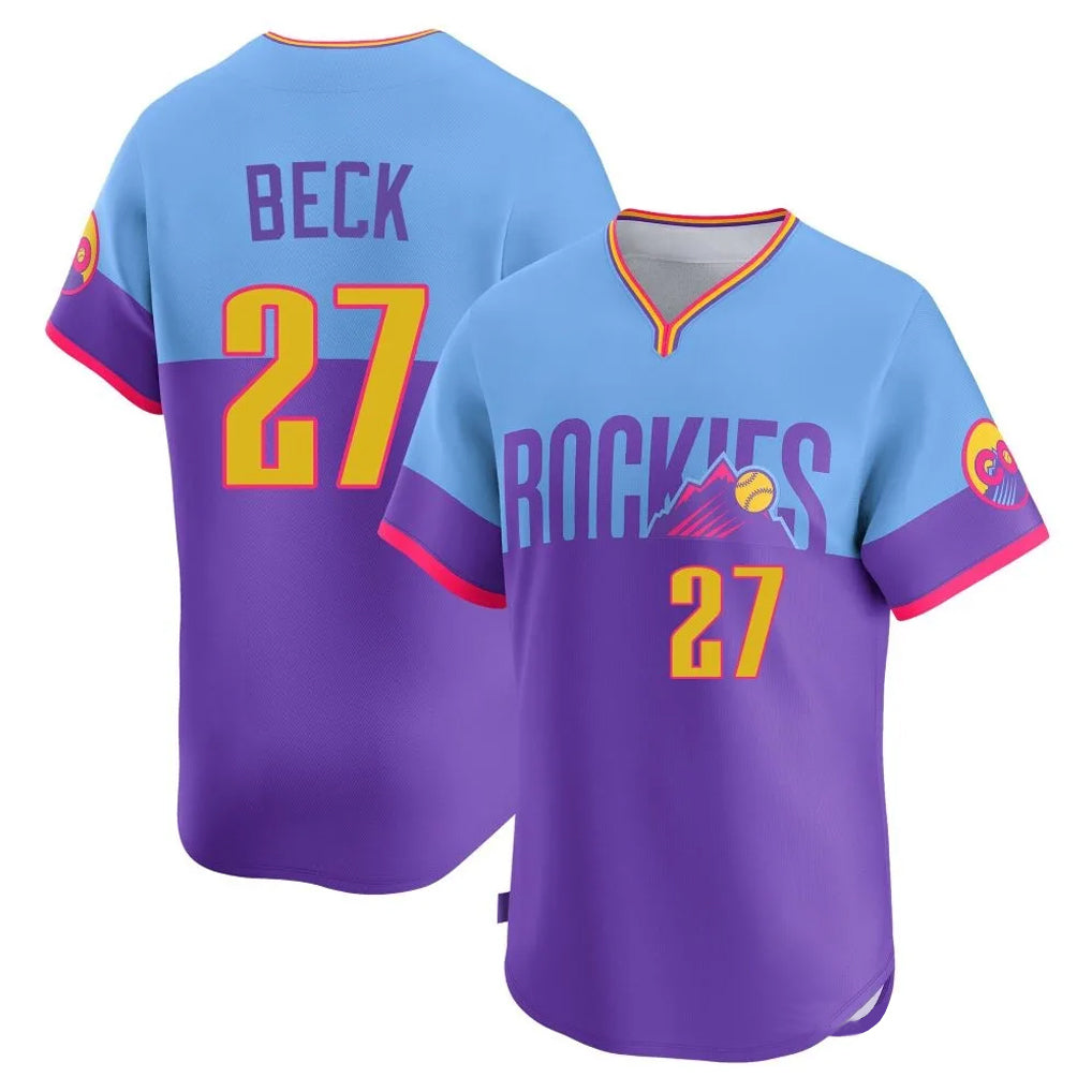 Pouc C.Rockies #27 Jordan Beck Player Purple-Light Blue City Connect Limited Home T-shirt Stitched Jerseys