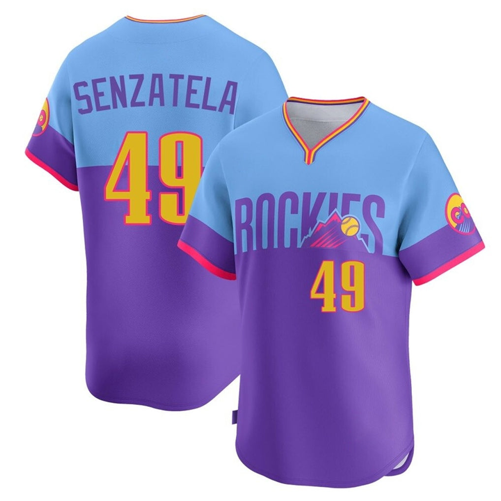 Pouc C.Rockies #49 Antonio Senzatela Player Purple-Light Blue City Connect Limited Home T-shirt Stitched Jerseys