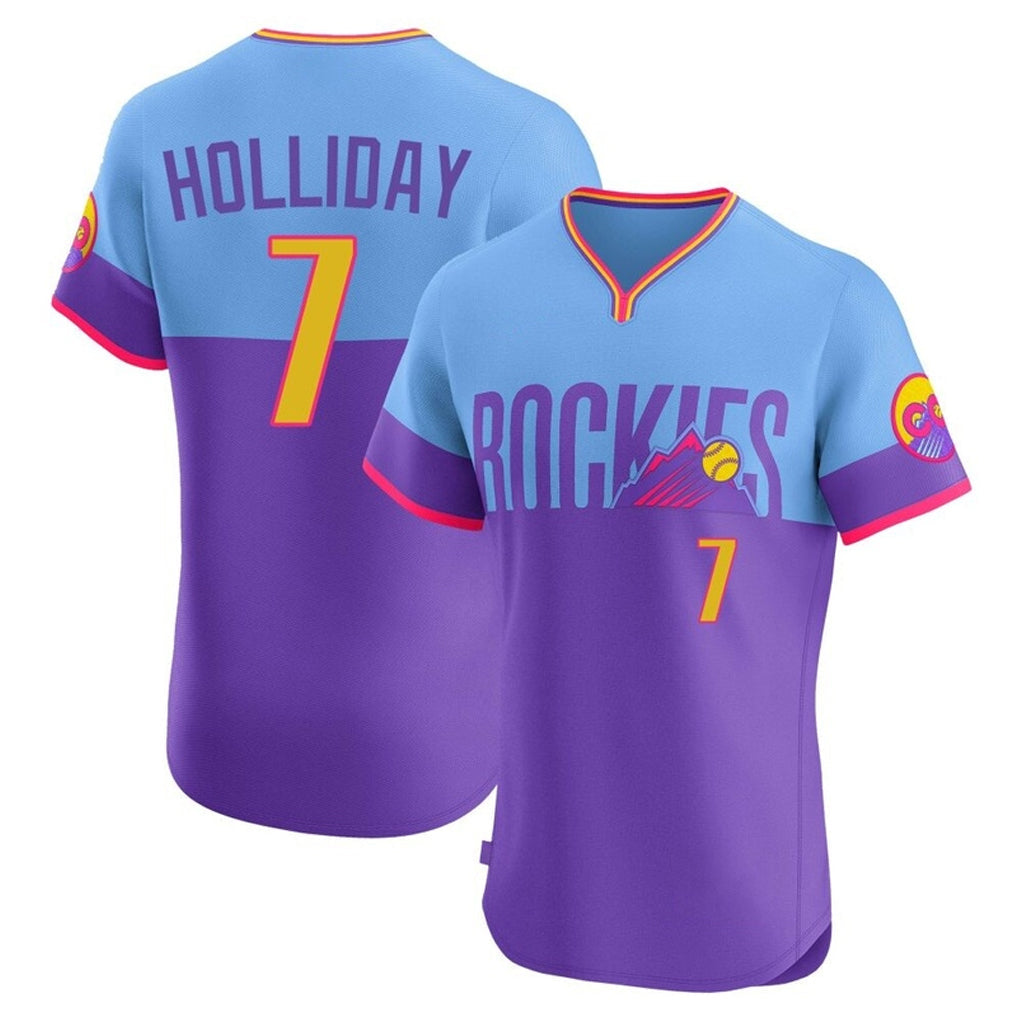 Pouc C.Rockies #7 Matt Holliday Player Purple-Light Blue City Connect Limited Elite Home T-shirt Stitched Jerseys