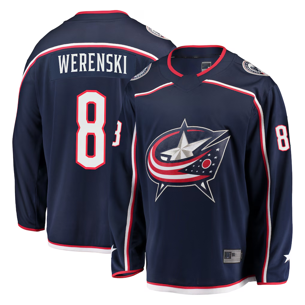 Pouc CB.Jackets #8 Zach Werenski Navy Breakaway Jersey