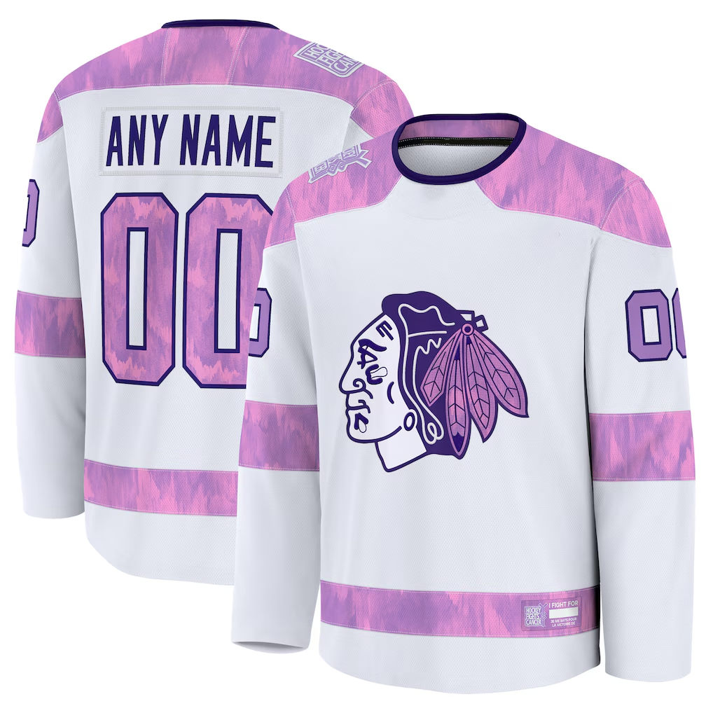 Pouc Custom C.Blackhawks White 2024 Hockey Fights Cancer Practice Jerseys