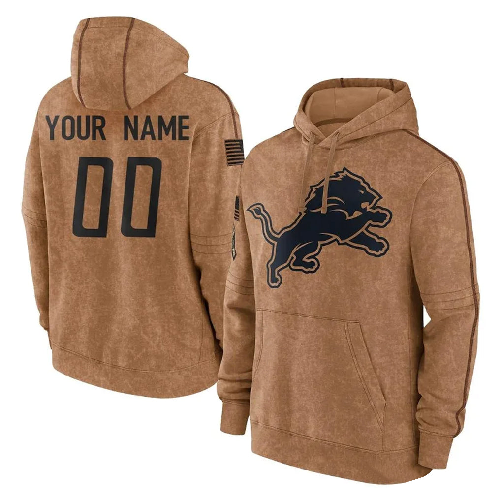 Pouc Custom D.Lions Brown Salute to Service Hoodies Limited Game Any Name & Numbers Stitched Jerseys