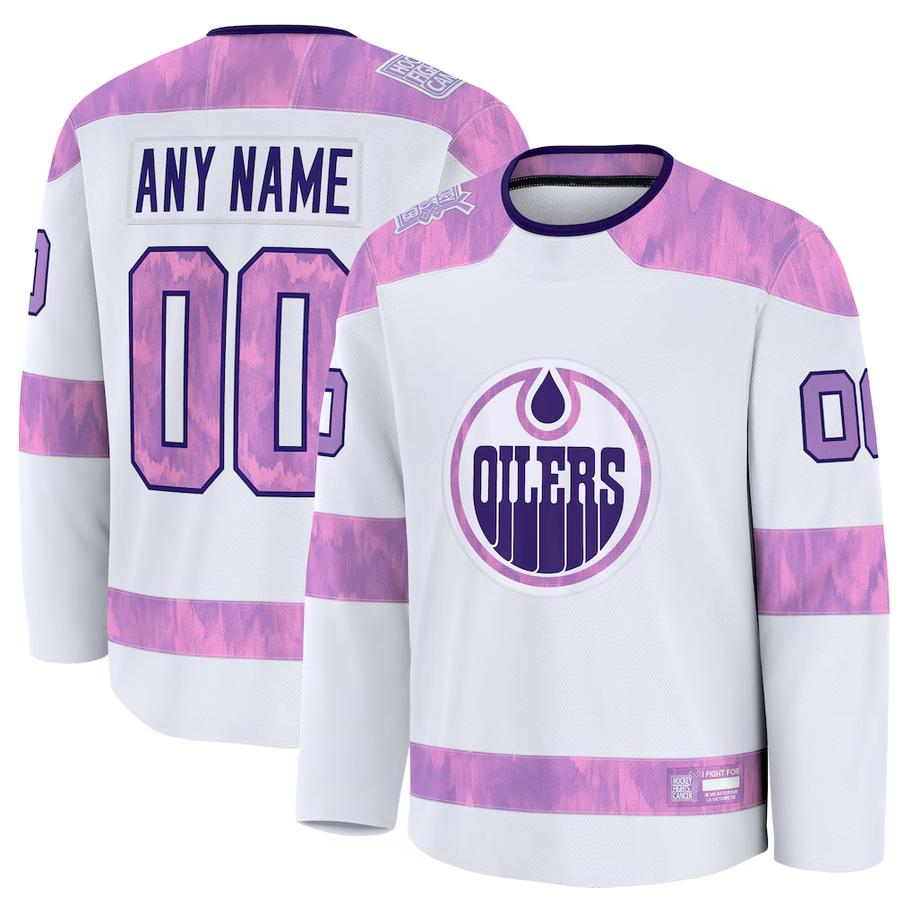 Pouc Custom E.Oilers White 2024 Hockey Fights Cancer Practice Jerseys