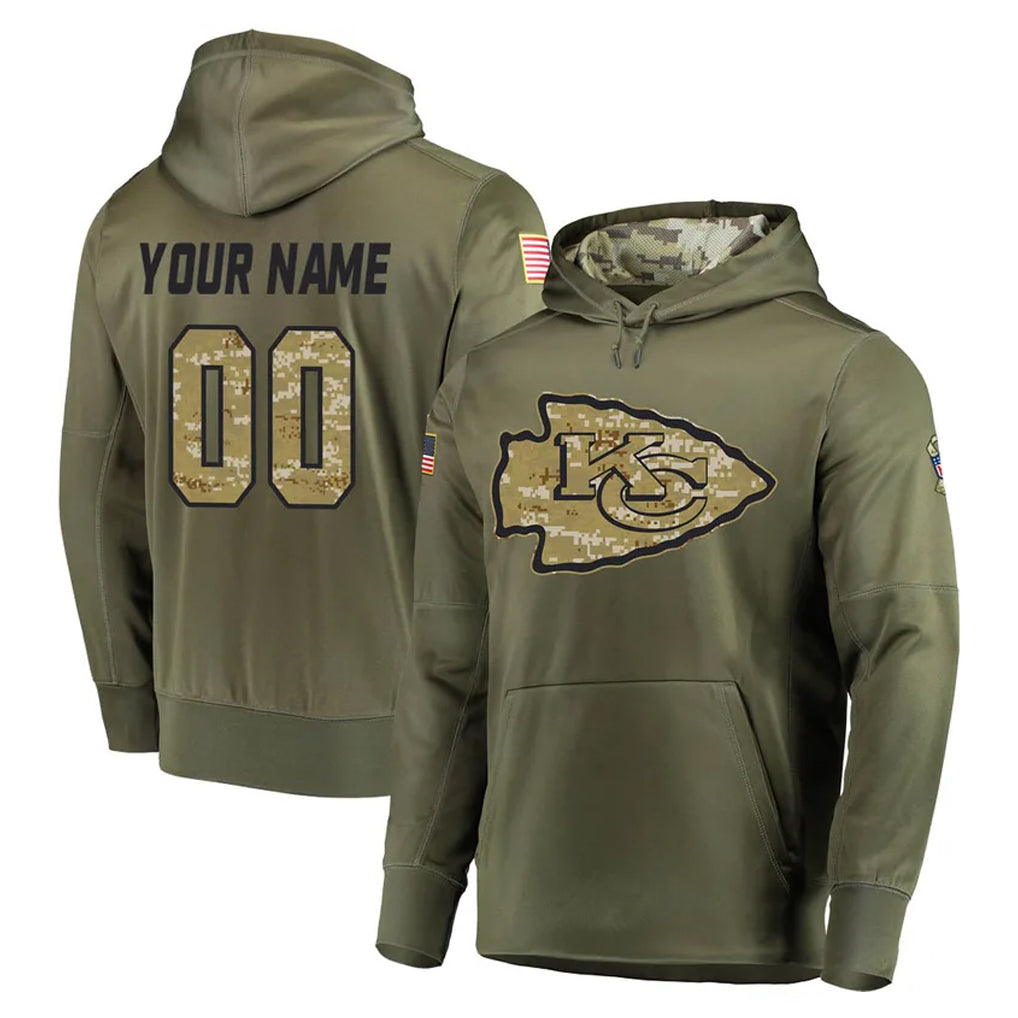 Pouc Custom KC.Chiefs Olive Salute to Service Pullover Hoodies Home Game Any Name & Numbers Stitched Jerseys