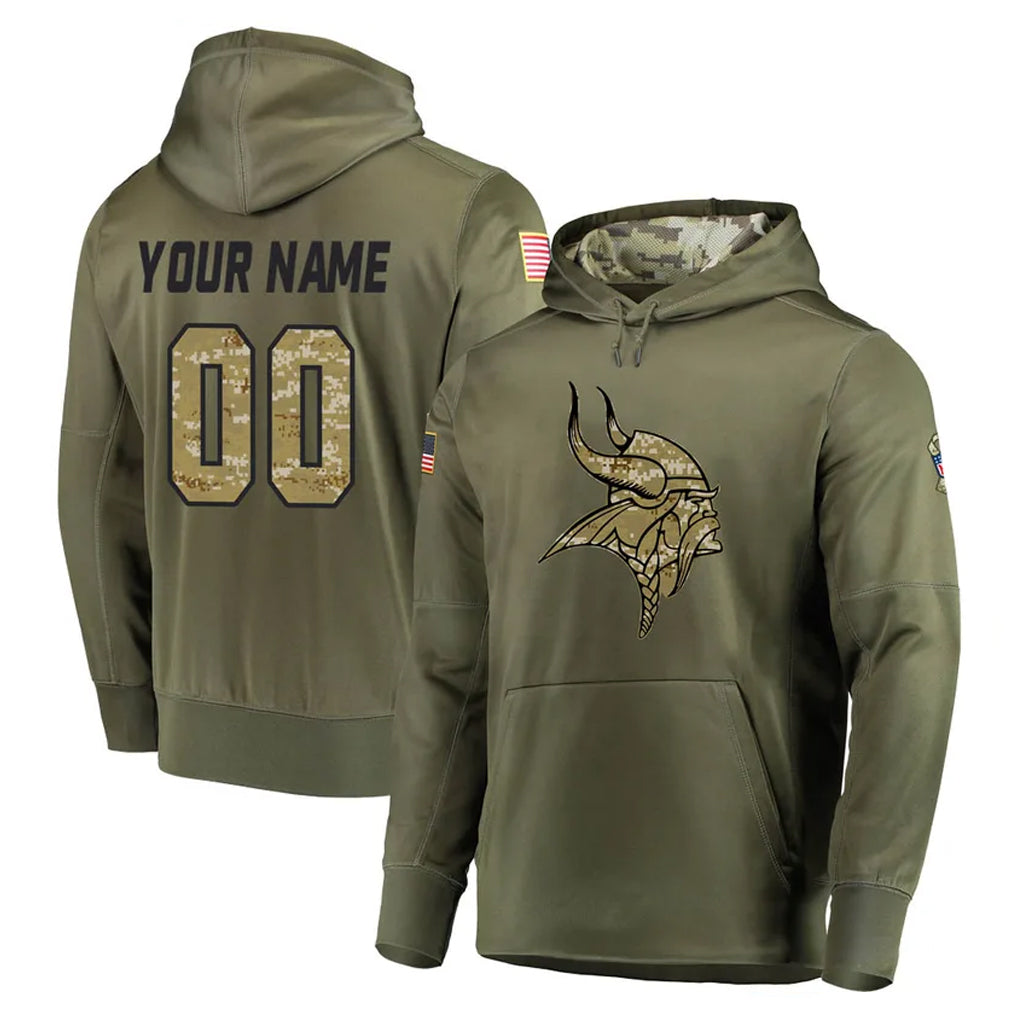 Pouc Custom MN.Vikings Olive Salute to Service Pullover Hoodies Home Game Any Name & Numbers Stitched Jerseys