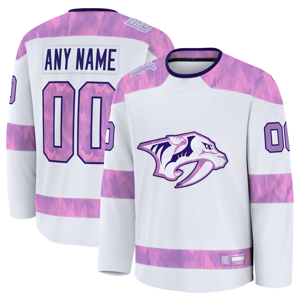 Pouc Custom N.Predators White 2024 Hockey Fights Cancer Practice Jerseys