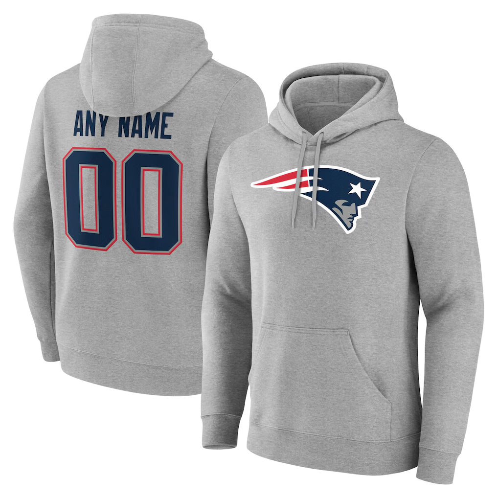 Pouc Custom NE.Patriots Gray LOGO Pullover Hoodies Home Game Any Name & Numbers Stitched Jerseys