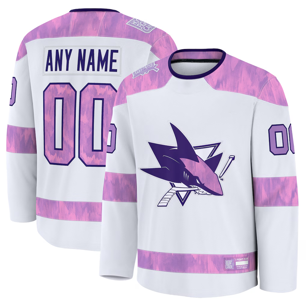 Pouc Custom S.Jose Sharks White 2024 Hockey Fights Cancer Practice Jerseys