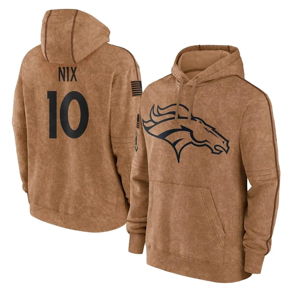 Pouc D.Broncos #10 Bo Nix Player Brown Salute to Service Hoodies Limited Game Stitched Jerseys