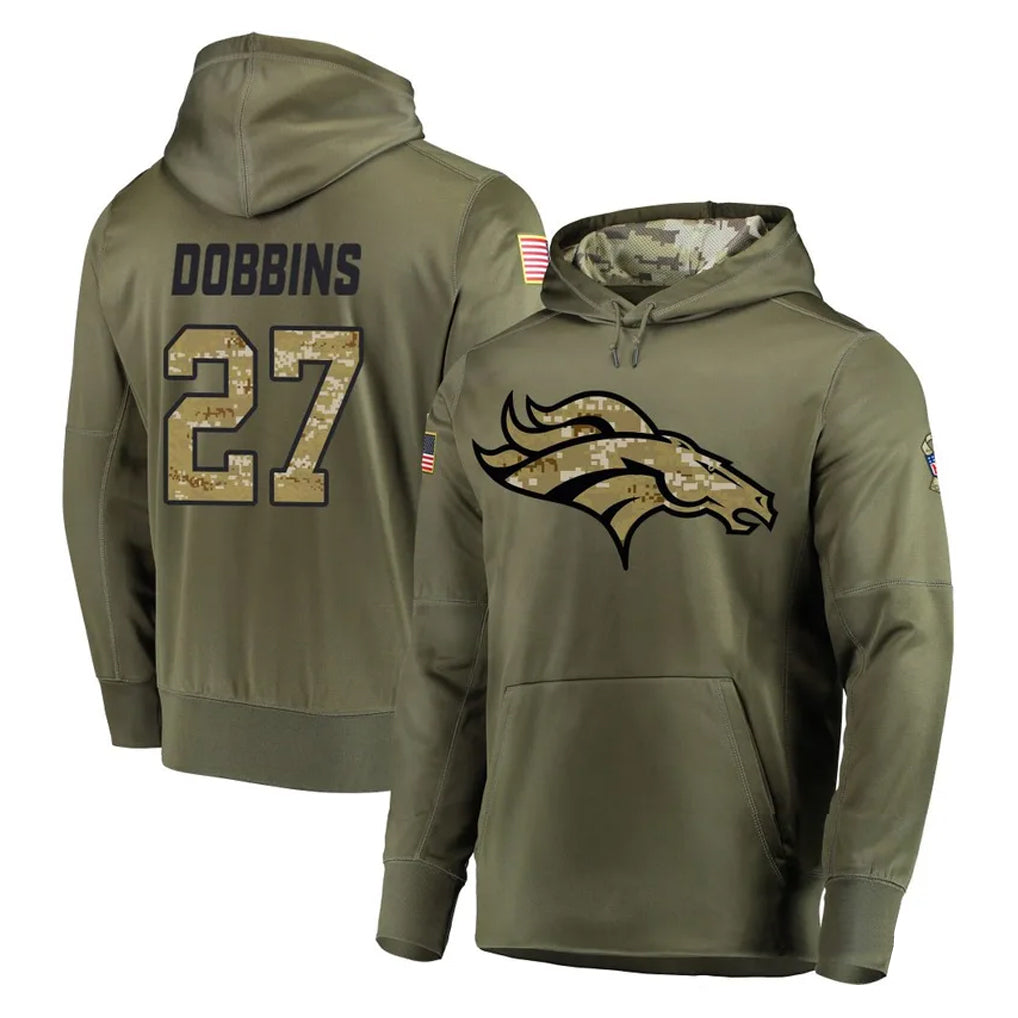 Pouc D.Broncos #27 J.K. Dobbins Player Olive Salute to Service Pullover Hoodies Home Game Stitched Jerseys
