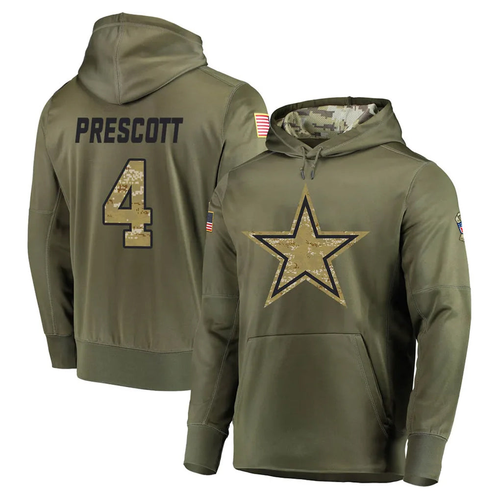 Pouc D.Cowboys #4 Dak Prescott Player Olive Salute to Service Pullover Hoodies Home Game Stitched Jerseys