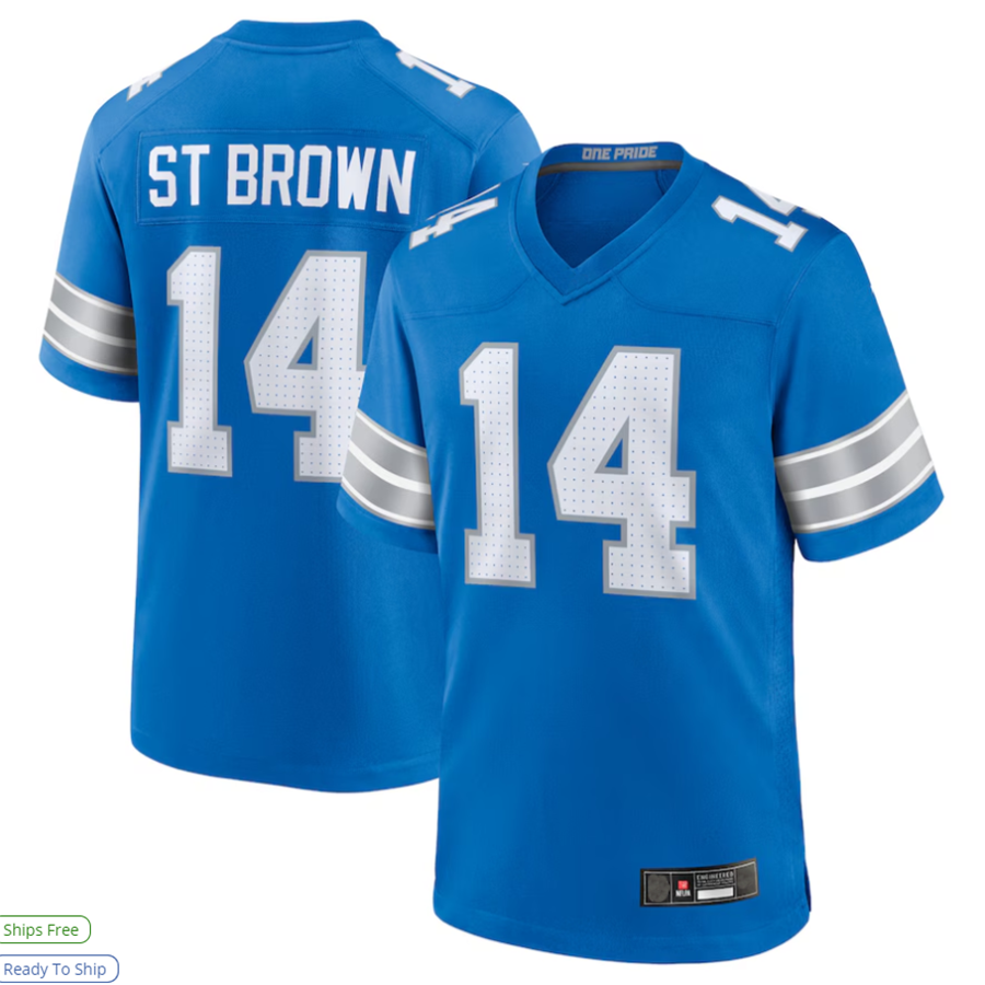Pouc D.Lions #14 Amon-Ra St. Brown Player Blue Game Stitched Jerseys