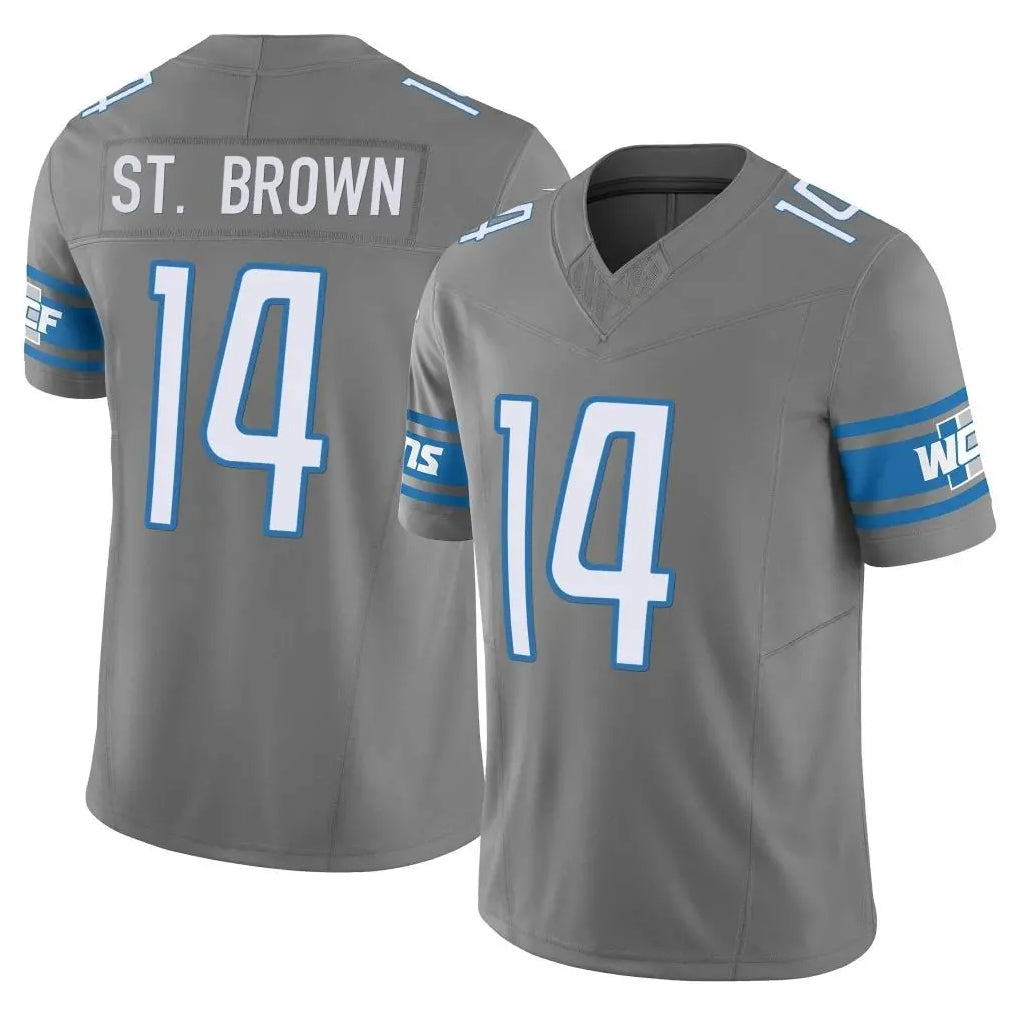 Pouc D.Lions #14 Amon-Ra St. Brown Player Gray Vapor F.U.S.E. Limited Home Game Stitched Jerseys