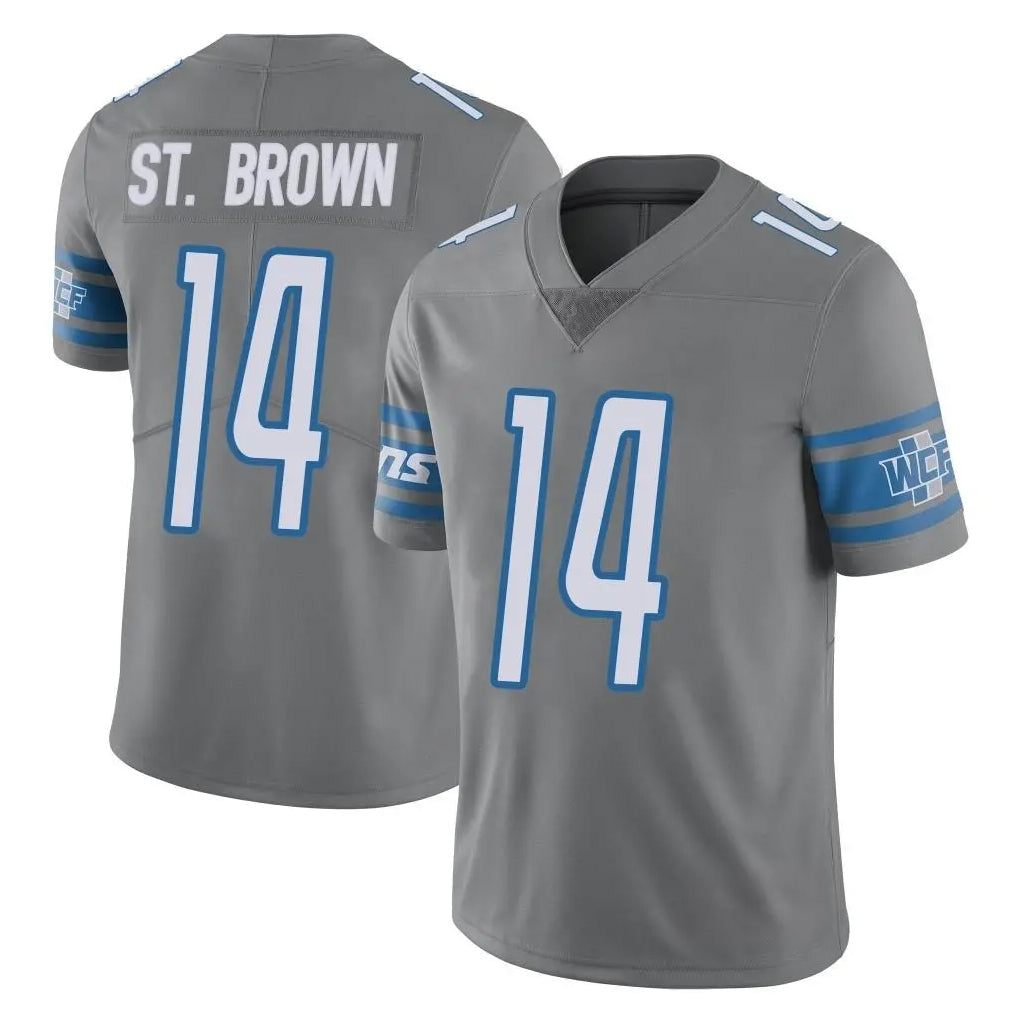 Pouc D.Lions #14 Amon-Ra St. Brown Player Gray Vapor Untouchable Limited Home Game Stitched Jerseys