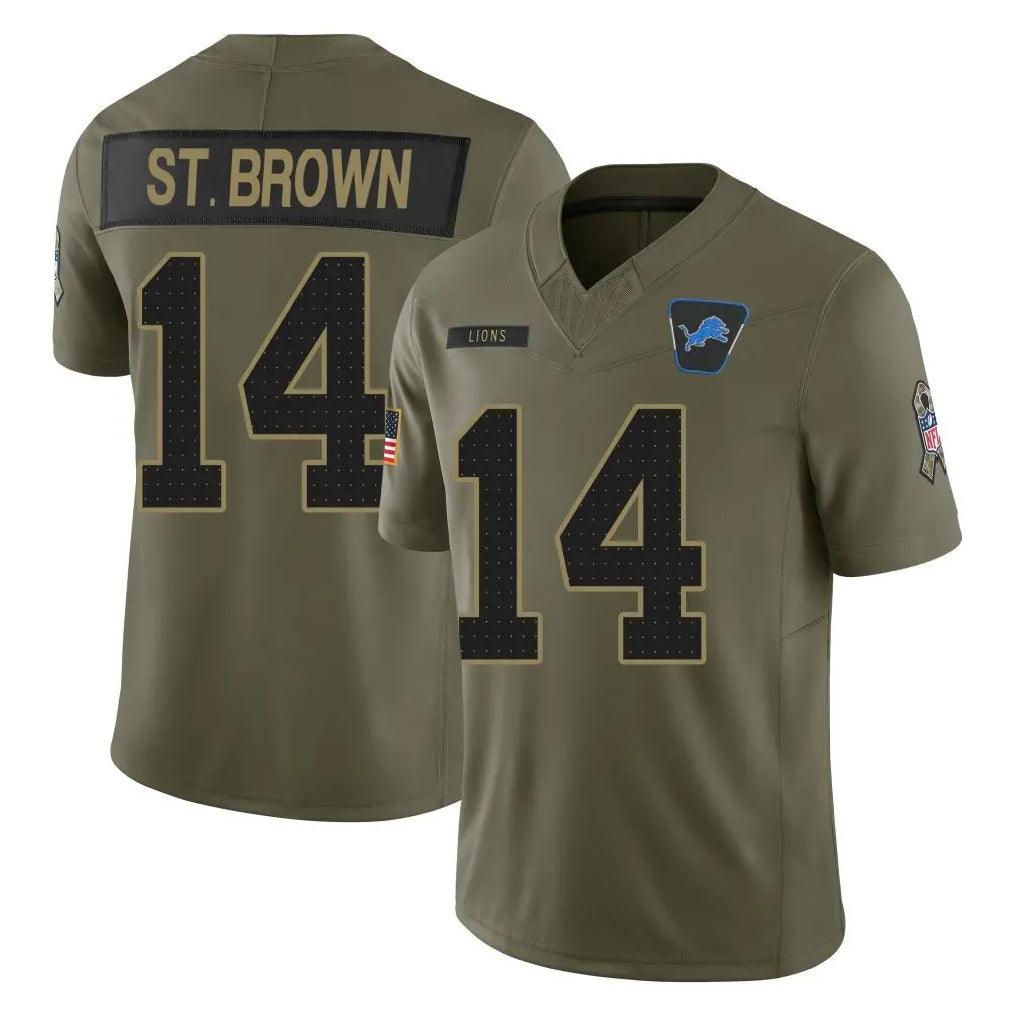 Pouc D.Lions #14 Amon-Ra St. Brown Player Olive 2025 Salute To Service Limited Home Game Stitched Jerseys