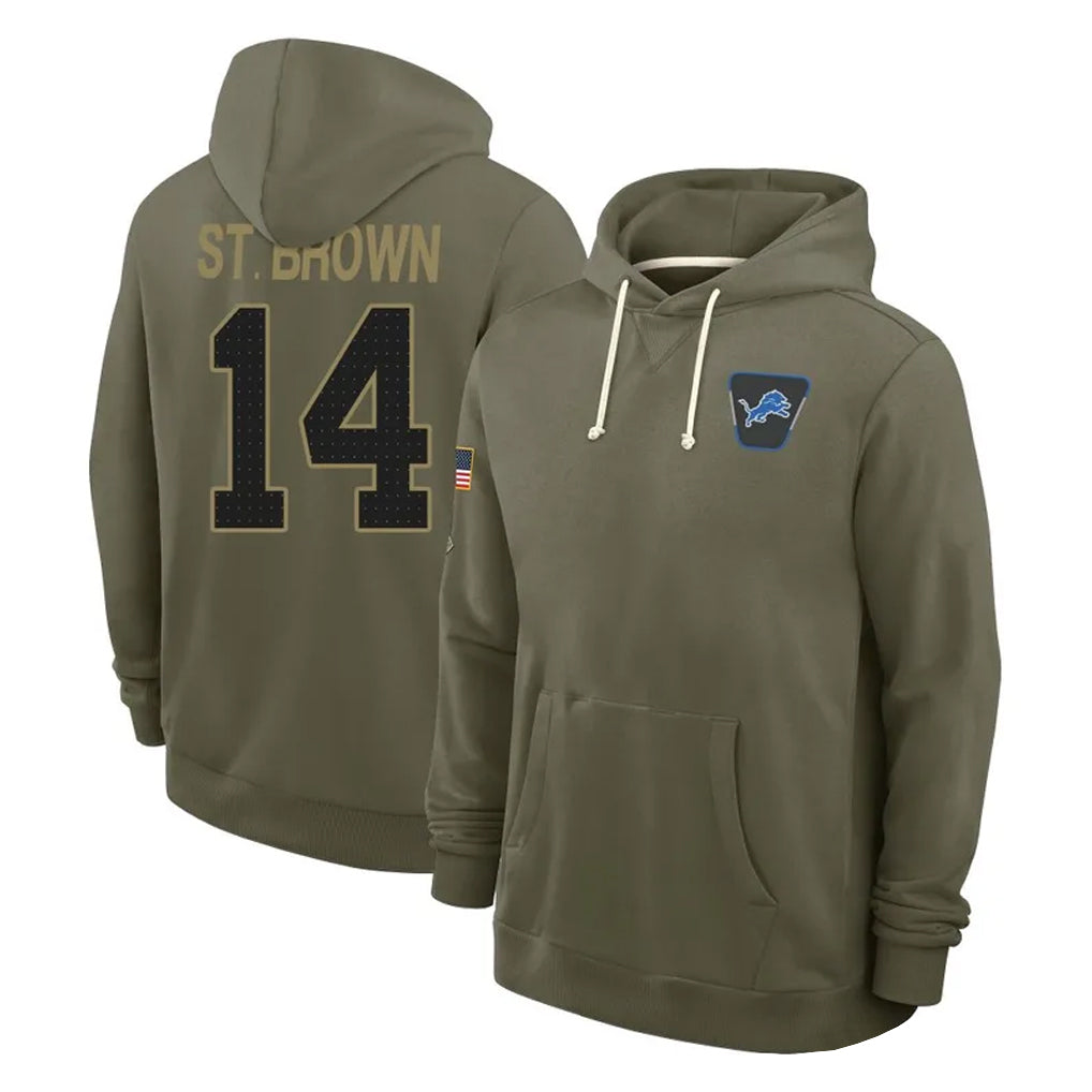 Pouc D.Lions #14 Amon-Ra St. Brown Player Olive Salute to Service Pullover Hoodies Limited Stitched Jerseys