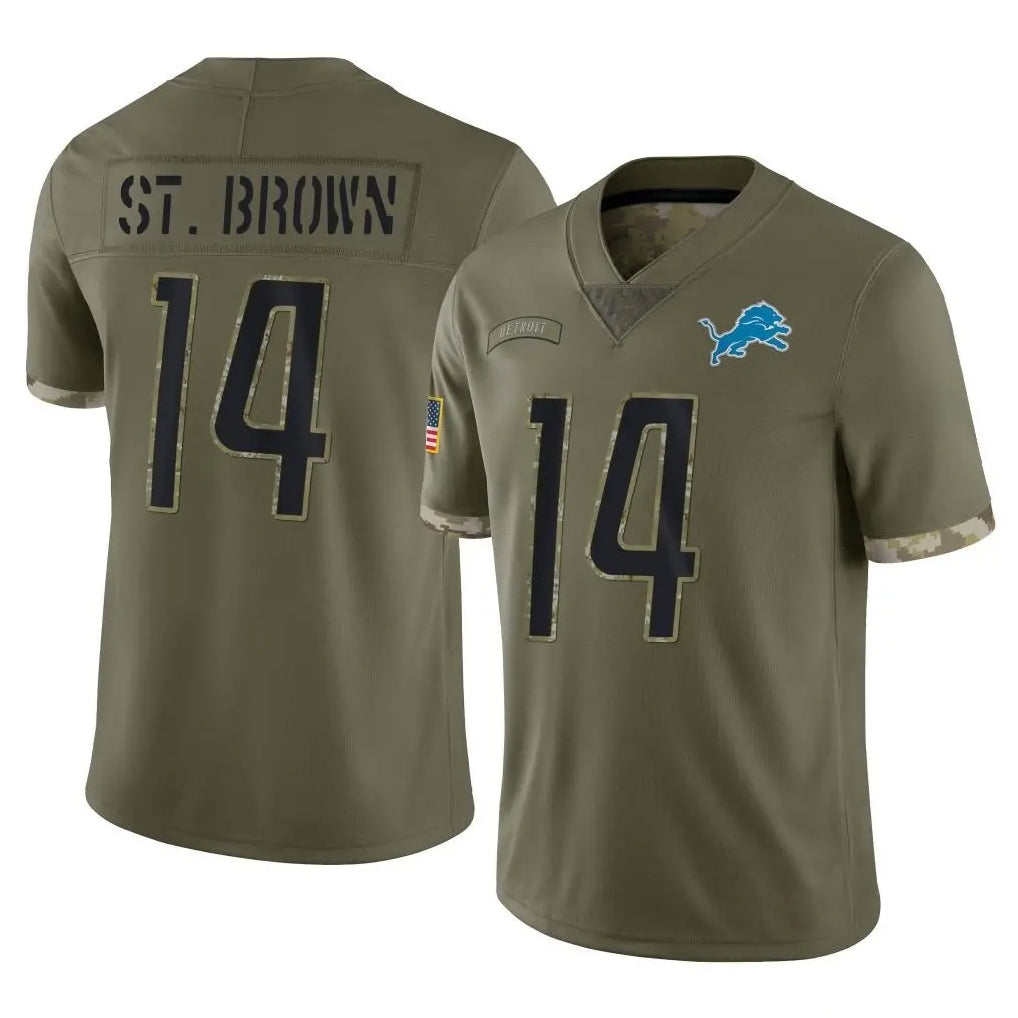 Pouc D.Lions #14 Amon-Ra St. Brown Player Salute To Service Limited Olive Stitched Jerseys