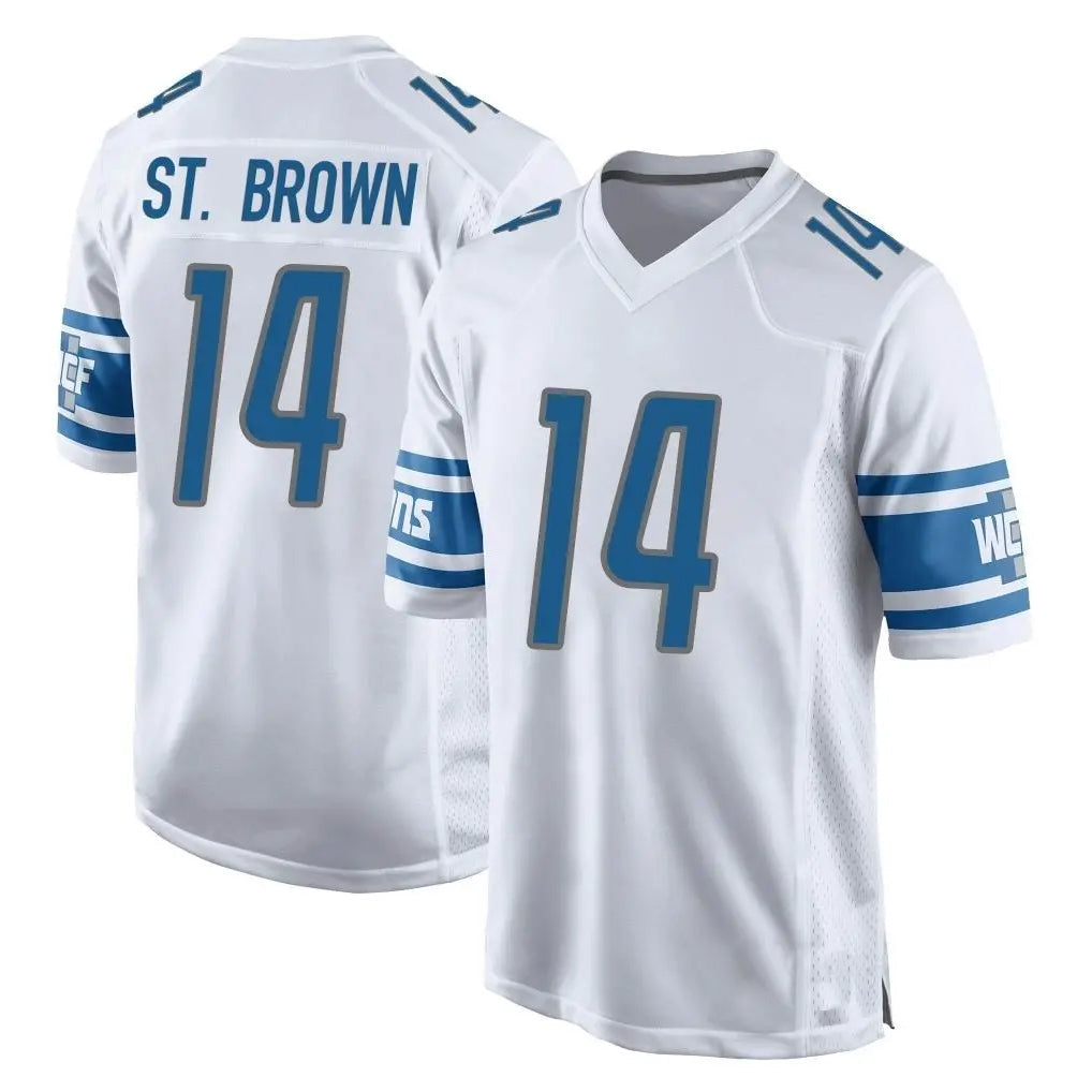 Pouc D.Lions #14 Amon-Ra St. Brown Player White Home Game Stitched Jerseys