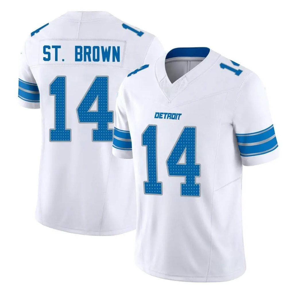 Pouc D.Lions #14 Amon-Ra St. Brown Player White Limited Vapor F.U.S.E. Alternate Home Game Stitched Jerseys