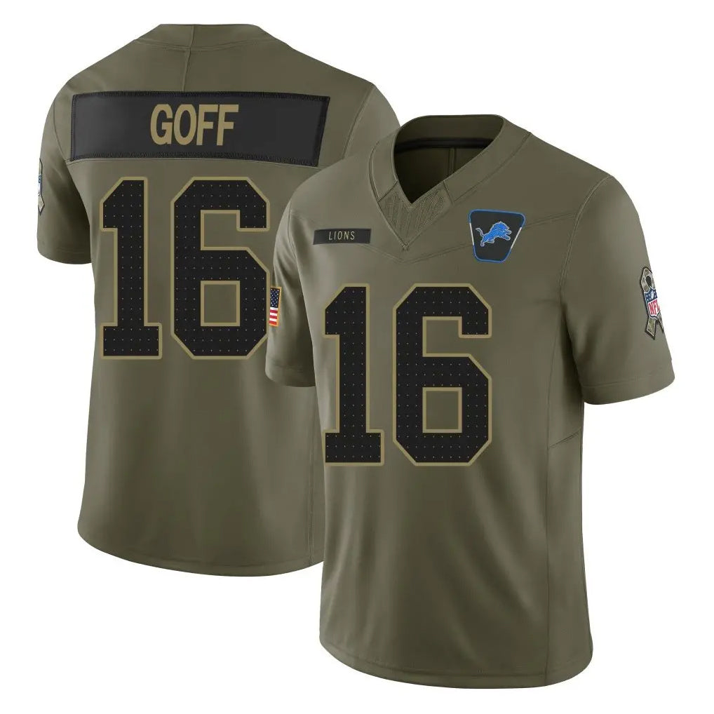 Pouc D.Lions #16 Jared Goff Player Olive 2025 Salute To Service Limited Home Game Stitched Jerseys
