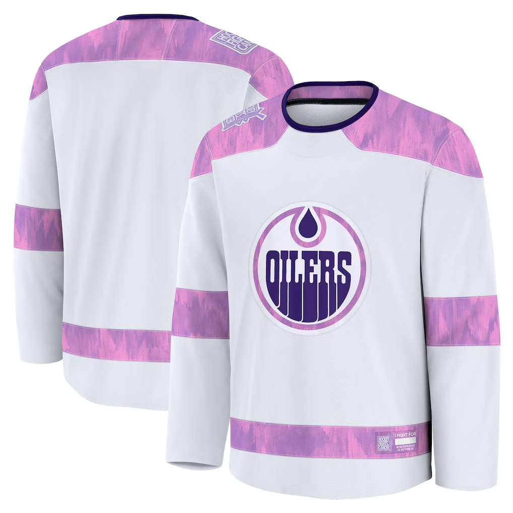 Pouc E.Oilers White 2024 Hockey Fights Cancer Practice Jerseys