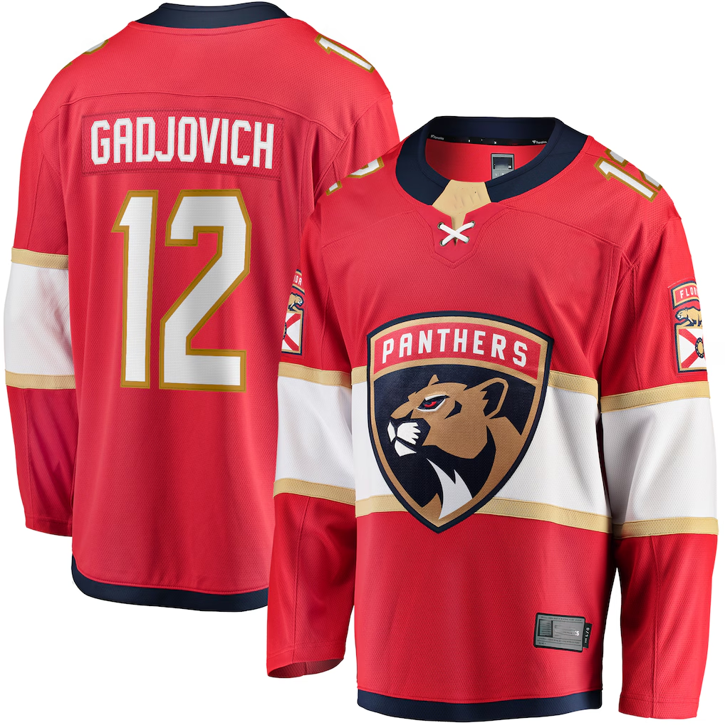 Pouc F.Panthers #12 Jonah Gadjovich Red Premier Breakaway Player Jerseys