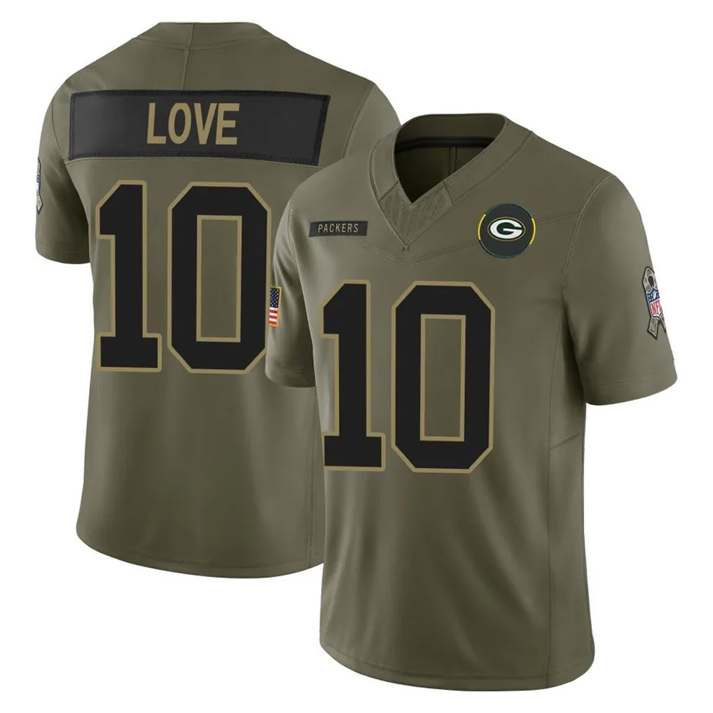 Pouc GB.Packers #10 Jordan Love Player Olive 2025 Salute To Service Limited Home Game Stitched Jerseys
