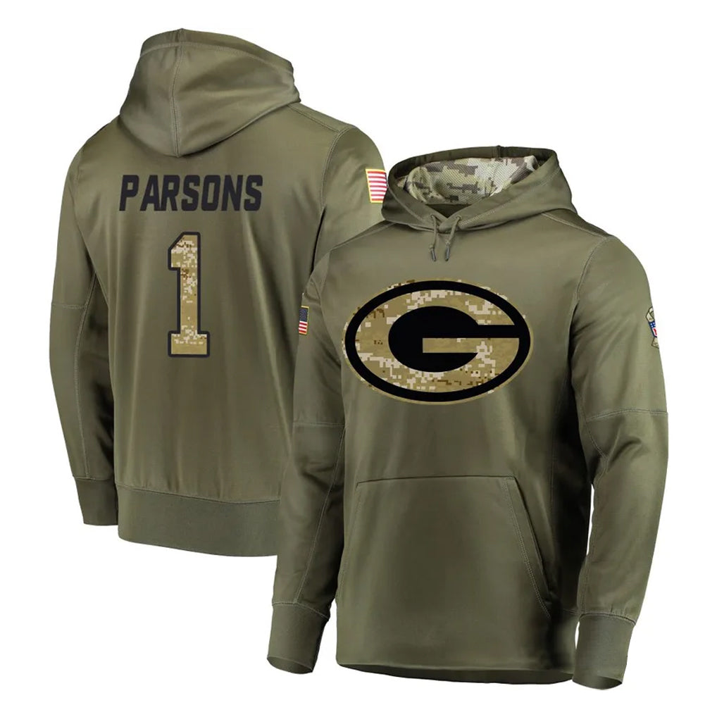 Pouc GB.Packers #1 Micah Parsons Player Olive Salute to Service Pullover Hoodies Home Game Stitched Jerseys