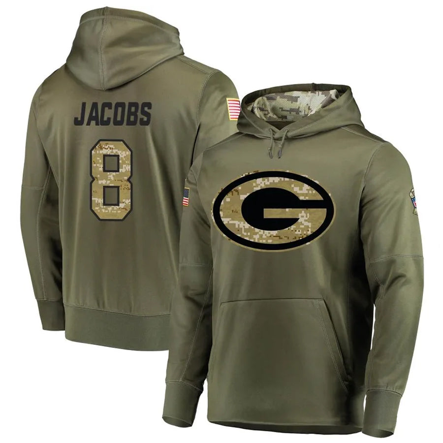 Pouc GB.Packers #8 Josh Jacobs Player Olive Salute to Service Pullover Hoodie Game Stitched Jerseys