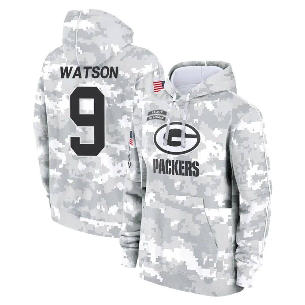 Pouc GB.Packers #9 Christian Watson Player Arctic Camo Salute to Service Hoodies Limited Game Stitched Jerseys