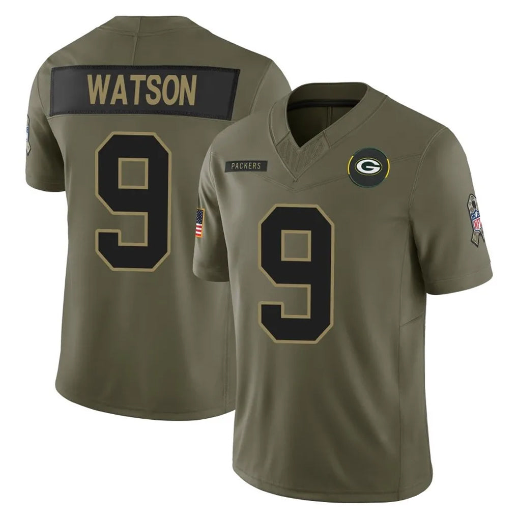 Pouc GB.Packers #9 Christian Watson Player Olive 2025 Salute To Service Limited Home Game Stitched Jerseys