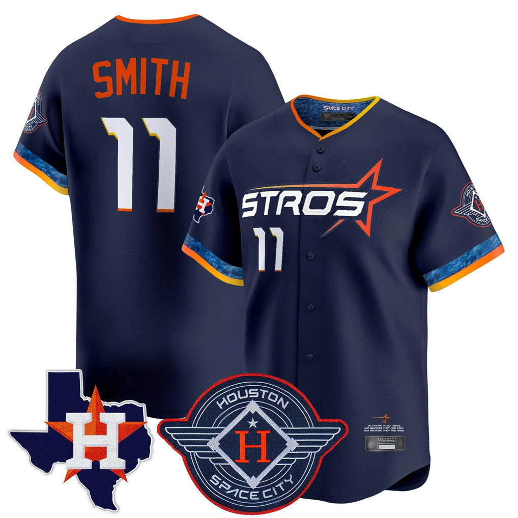 Pouc H.Astros #11 Cam Smith Player Navy City Connect Texas Patch Vapor Premier Limited Home Stitched Jerseys